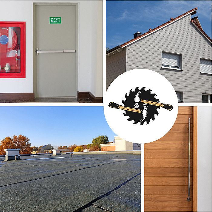 Buitenschrijnwerkerij, houten carport, houten terras, houten poort, houten gevelbekleding, PVC gevelbekleding, houten veranda, platte daken, brandwerende deuren, woningveiligheid