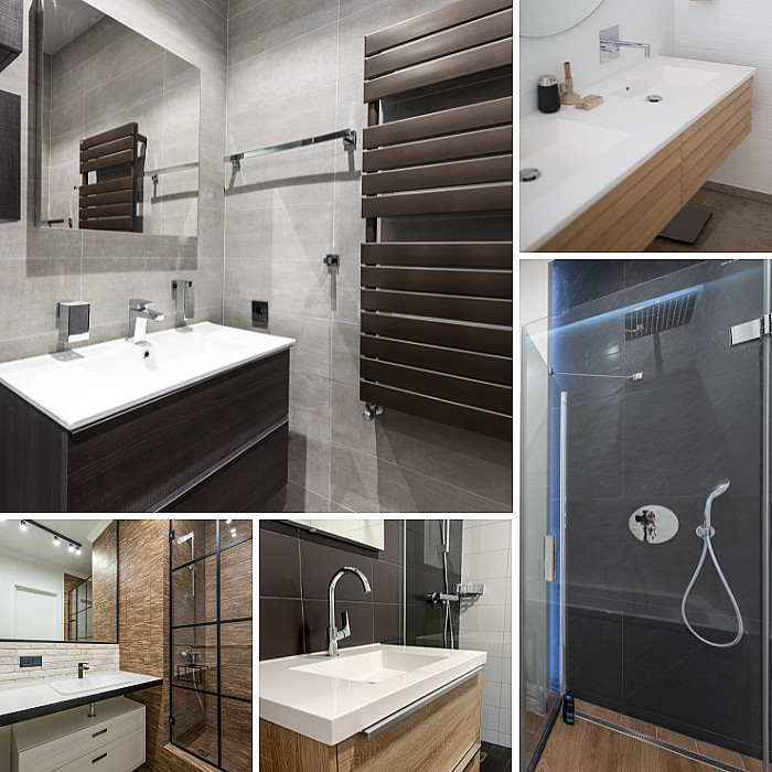 Transformation, nouvelle salle de bain, salle d'eau, lavabos, sol, mur, équipements