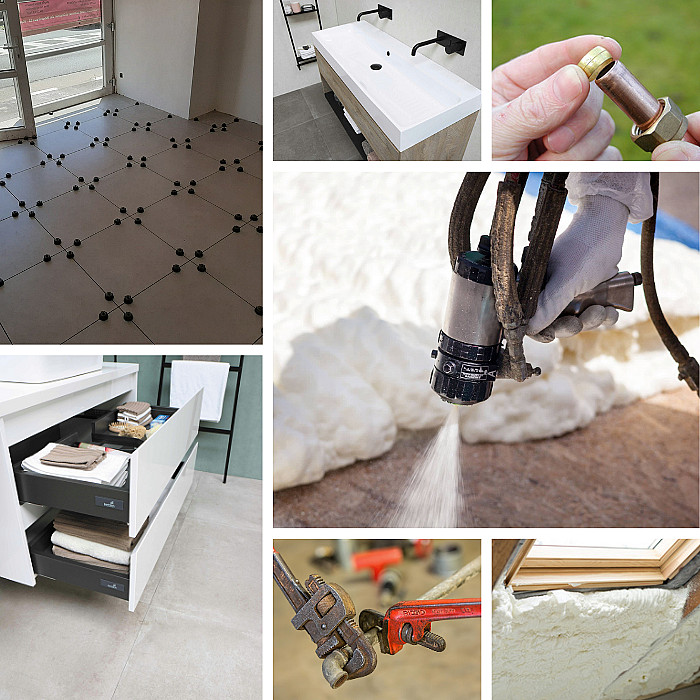 Rénovation, isolation projetée, carrelage, salle de bain, sanitaire, salle d'eau, isolant