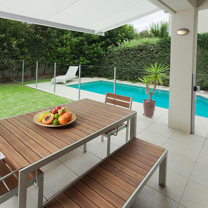 Jardin, béton, carports, sols, terrasse en bois