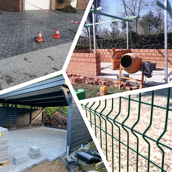 Extérieur, terrassement, terrasse, abri, jardin, carport, nivellement, palissades, clôtures, façade