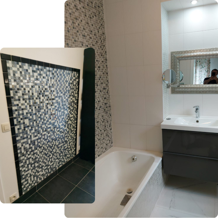 Intérieur, plafonnage, mosaïque, salle de bain, parachèvement, enduit, murs, plafonds