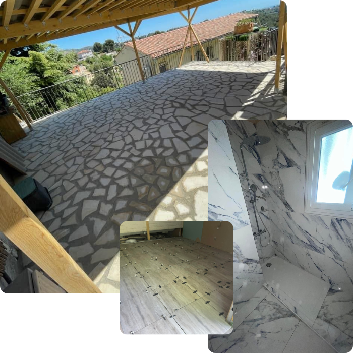 Maçonnerie, couverture, toiture, béton, murs, plafonds, parachèvement,
plafonnage, cloisons, peinture, carrelage, salle de bain