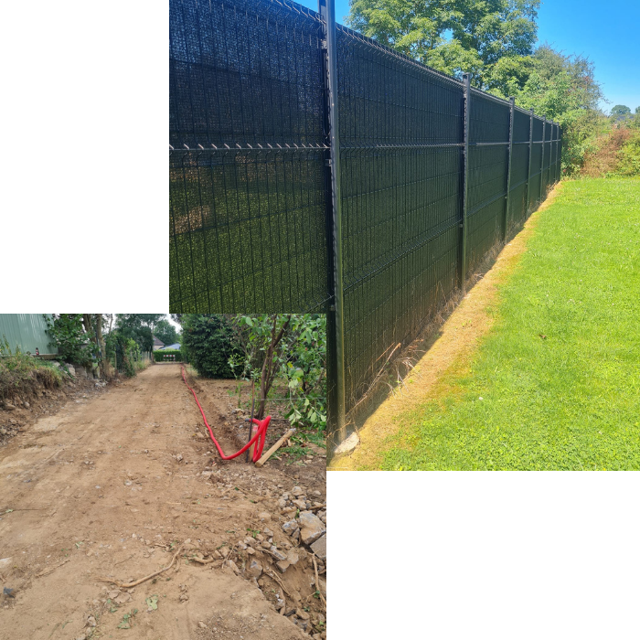 allée, abords, aménagement jardin, chemin jardin, clôture, muret, murs extérieurs, éclairage extérieur, terrasse