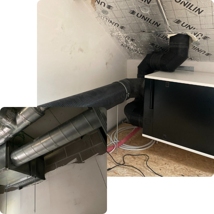 Ventilation, tuyaux, conduits, installation, air intérieur, échangeur de chaleur intégré