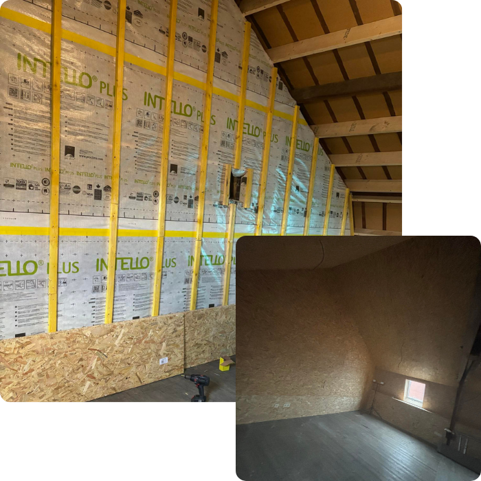 Aménagement intérieur, isolation, charpente, panneaux bois, sols, murs, sous toiture, grenier, combles