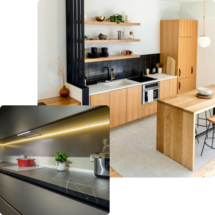 Aménagement intérieur, cuisine, mobilier, meubles, rangement, plan de travail, cuisine, luminaires, montage