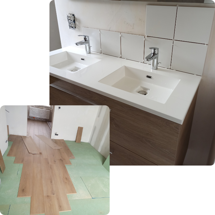 Salle de bain, création, rénovation, carrelage, douche, baignoire, évier, sanitaires
