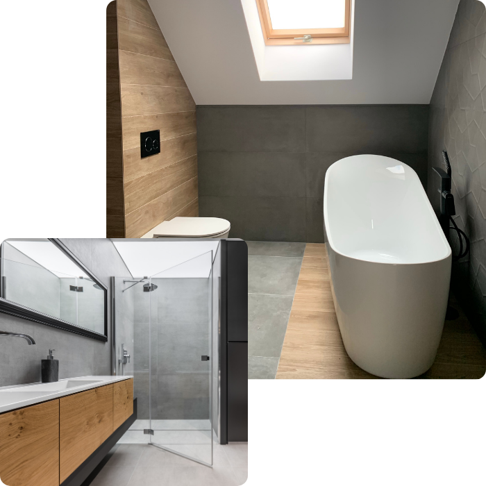 Carrelage, murs, sols, paroi de douche, miroir, mobilier, meubles, vasque