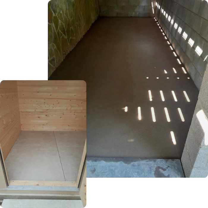 Nouvelle chape, isolant PU, terrasse, petits terrassement, pavage, aménagement extérieur, bordures
