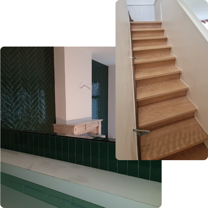 murs lisses, escaliers, parquet, plâtre, remise à neuve