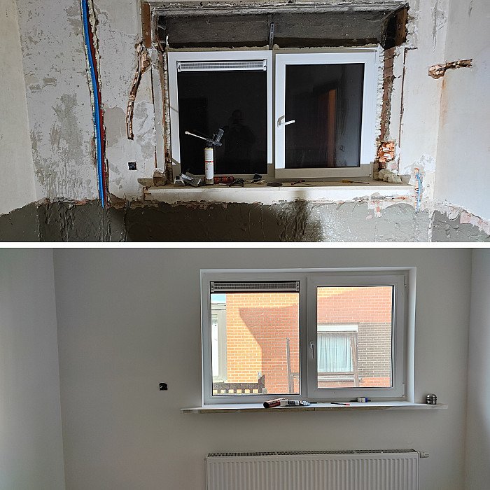 Algemene renovatie, gietvloer, tegelwerken binnen, afwerking, behang en wandbekleding, cementering, crépi of gevelbepleistering, gyproc en scheidingswanden, pleisterwerk, schilderwerken, wandtegels, nieuwe badkamer, renovatie badkamer, chapewerken, egalisatie, Audenarde, Ronse, Zottegem