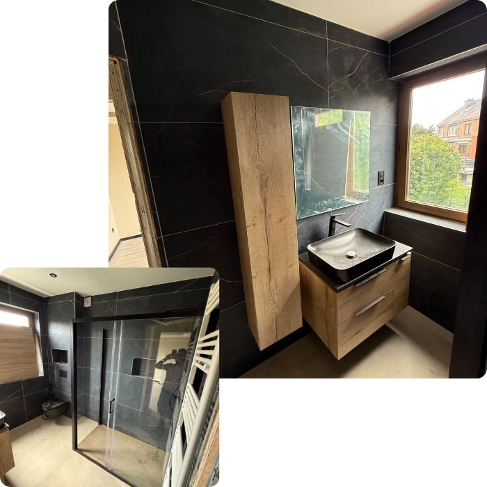 Salle de bain, sanitaires, plomberie, douche, baingoire, robinetterie, mitigeur, carrelage, paroi, miroir