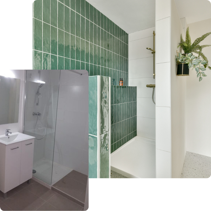 Salle de bain, sdb, salle d'eau, douche, baignoire, lavabos, carrelage