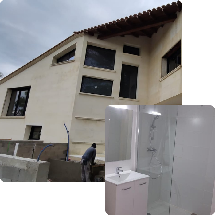 Salle de bain, sanitaires, douche, baignoire, robinetterie, rénovation, cuisine, meubles, rangements, carrelage, sols, murs