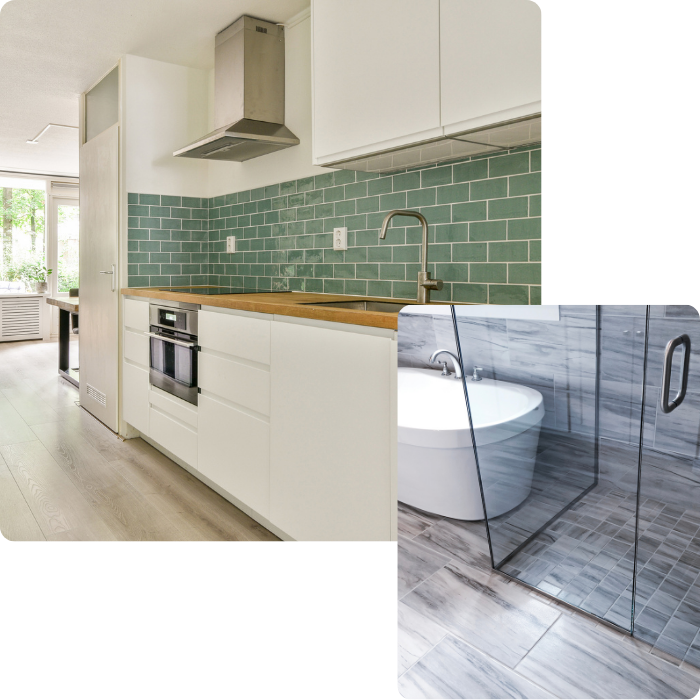 Cuisine, salle de bain rénovation intérieure, carrelage, douche, baignoire, lavabos, sanitaires