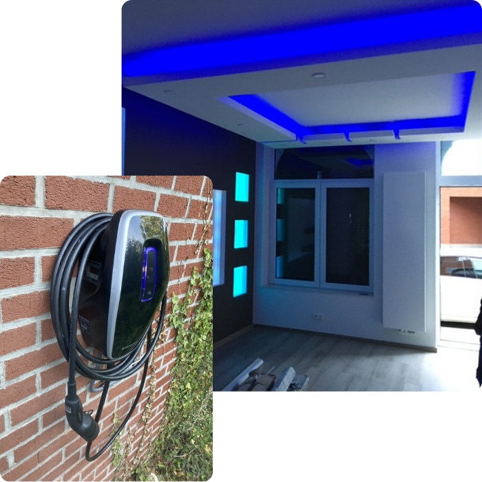 Eclairage, escaliers, jardin, intérieur, bornes de recharge, borne électrique, installation, tableau électrique