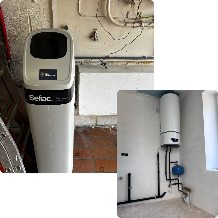 Adoucisseur d'eau, eau adoucit, nouvelle salle de bain, douche, lavabos, évier, canalisations