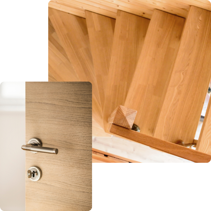 Menuiserie, menuiserie intérieure, porte en bois, porte intérieure, escaliers, bois, assemblage, montage