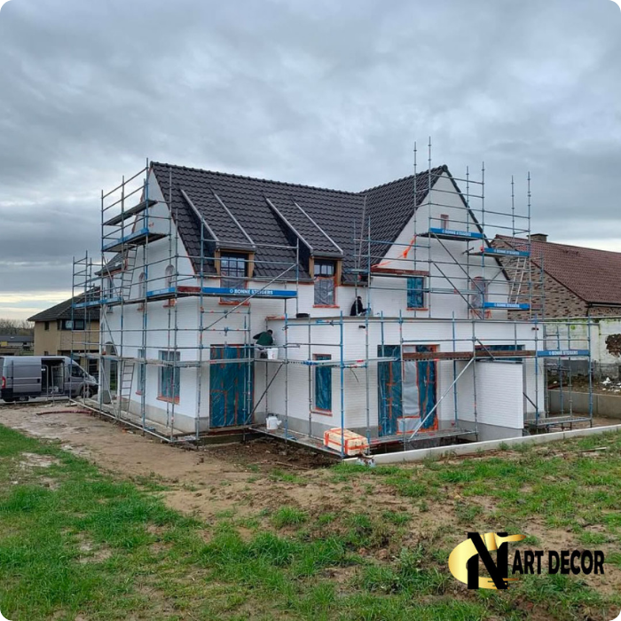 Bouw, metselaar, metselwerk, ruwbouw, beton, betonplaat, woning, gevel, pleisterwerk