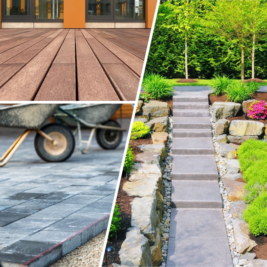 façades, terrasses, allées, structures extérieures