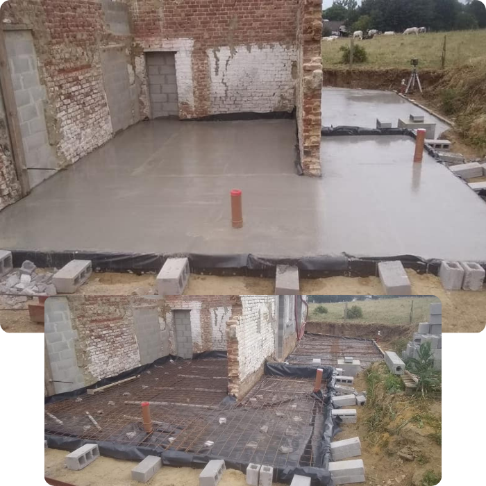 base, construction, technique de coffrage, coulage de béton
