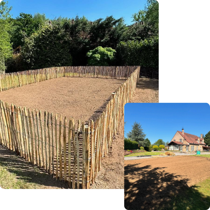 Clôtures, grillages, palissades, clôtures en bois, poteaux, terrassement, installation, mise en place