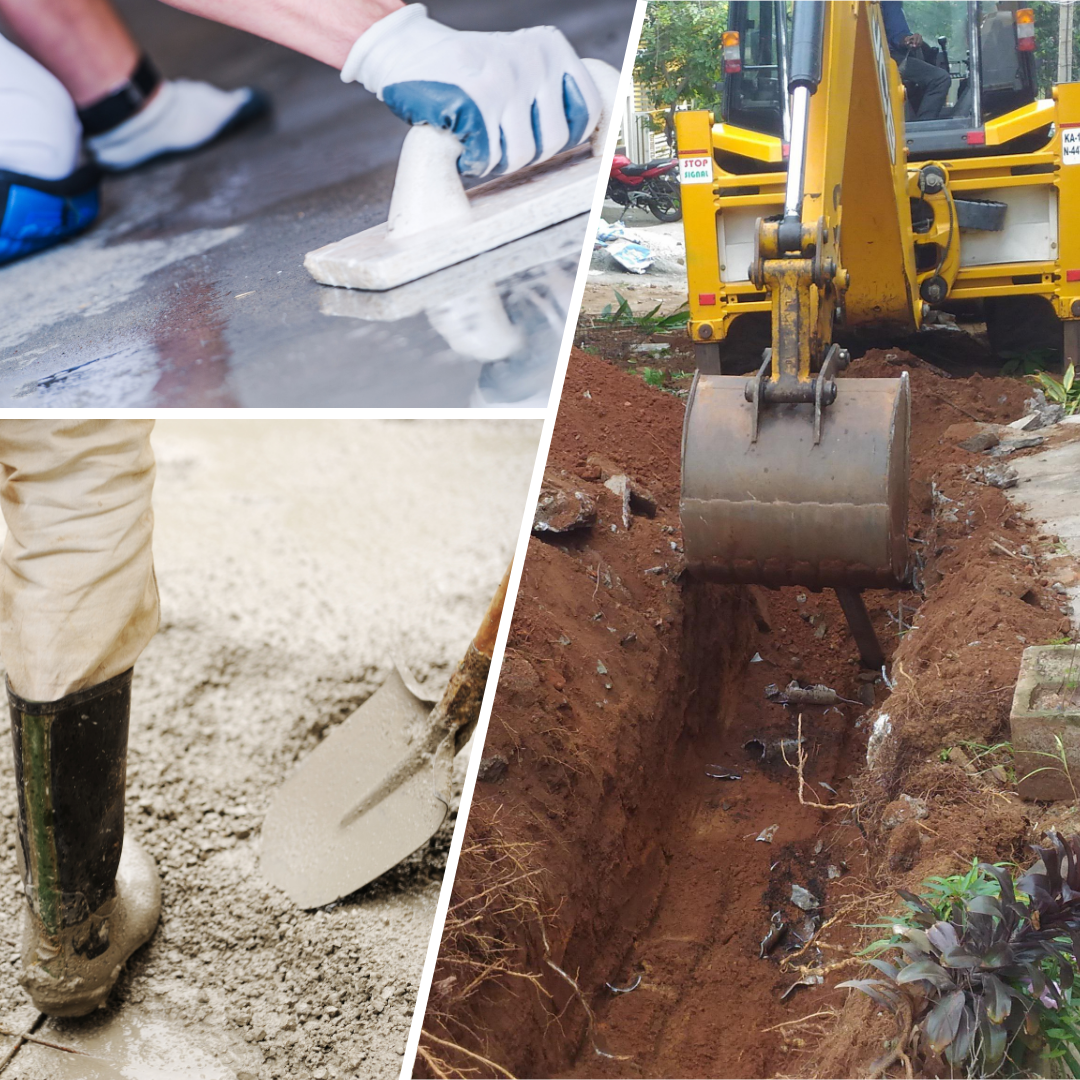 petit terrassement, dalles de béton, petite construction