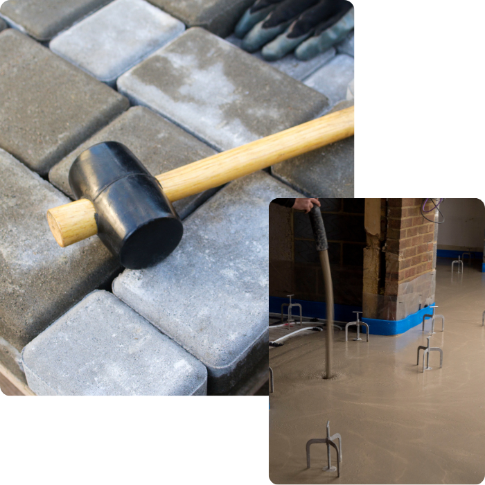 terrasse, nivellement, allées, abords, pavage, allée de garage, béton, chape, coulage, dallage