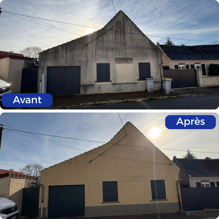 Nettoyage, façade, crépi, pulvérisation, produit, pignon, décapage