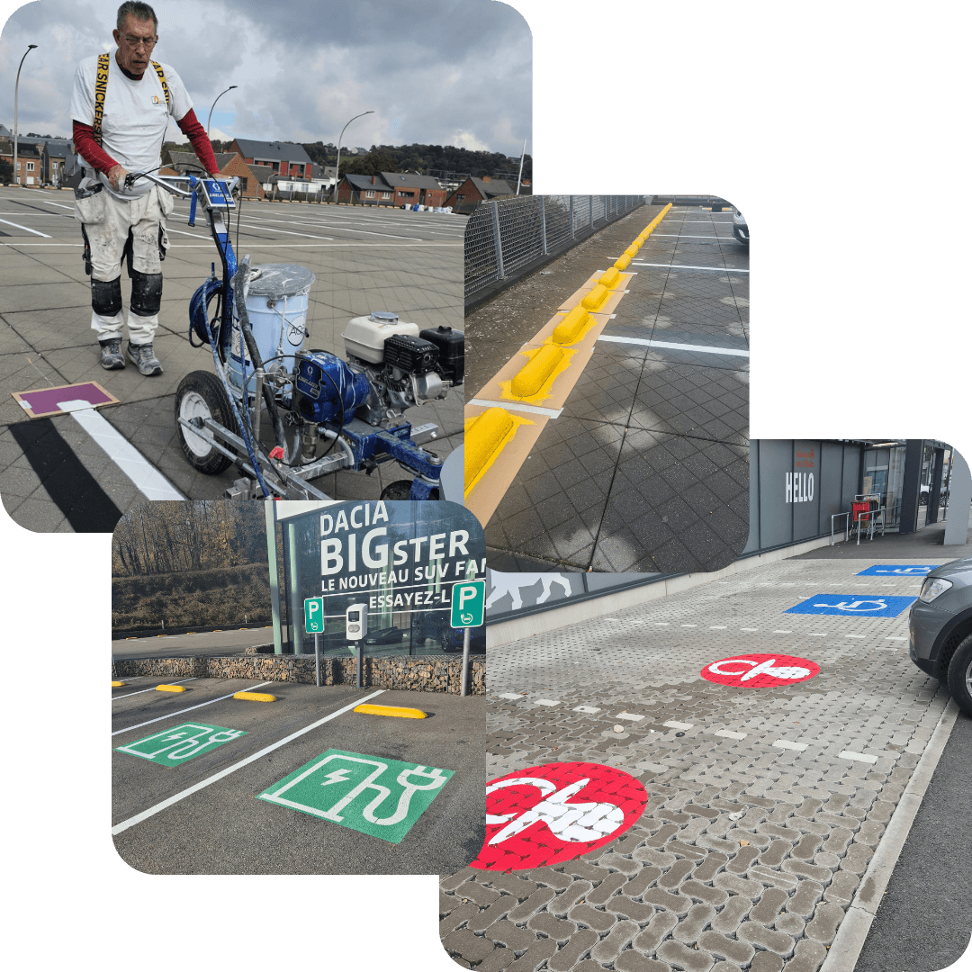 Marquage au sol, signalitique, traçage de parkings à Namur, Charleroi, Mons, Liège