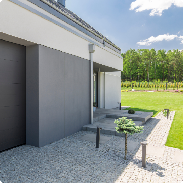 Allée, garage, pavage, terrain, escaliers extérieurs