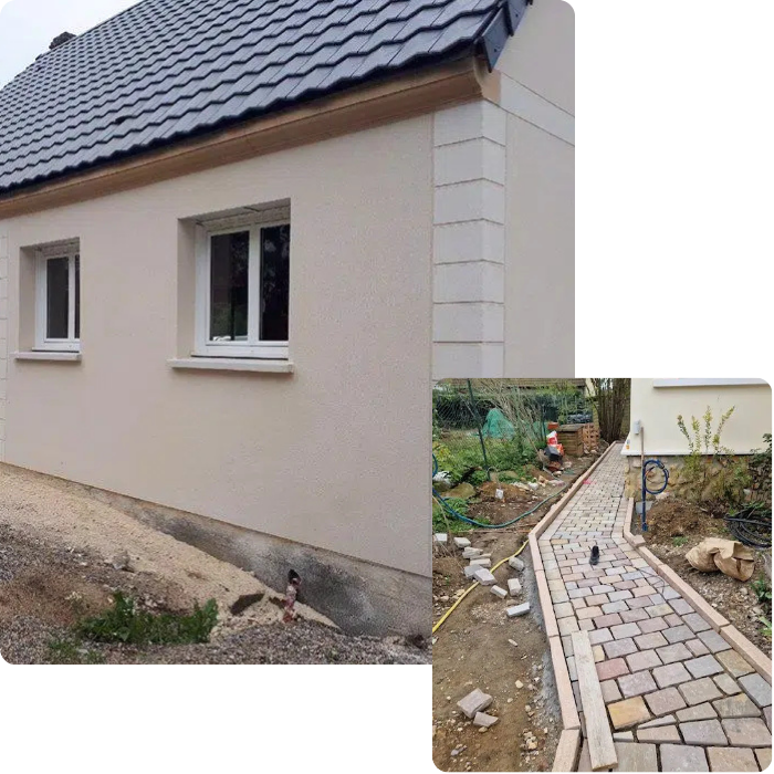 Construction, bâtiment, btp, rénovation, extension, maçonnerie,maçon, terrassement, terrain, pavage, façade, crépi