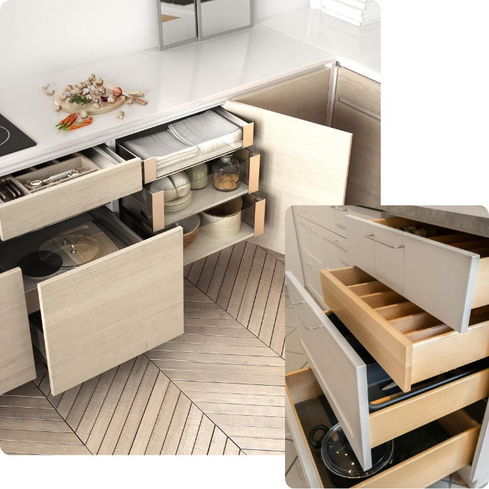 Cuisine équipée, nouvelle cuisine, meubles en bois, mobilier, tiroir, placards
