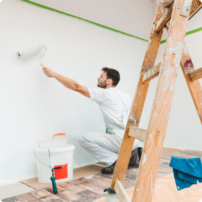 schilder, schilderen, roller, muren, plafonds, verlaagde plafonds