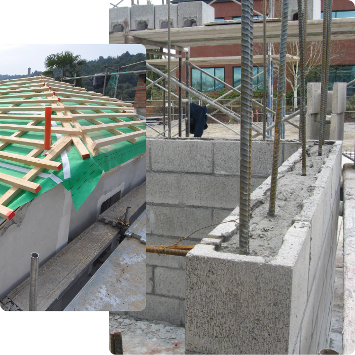 Maçonnerie, gros oeuvre, béton, poutrelle, métal, murs porteurs, fondations, 
                      base, construction, maçons, toiture