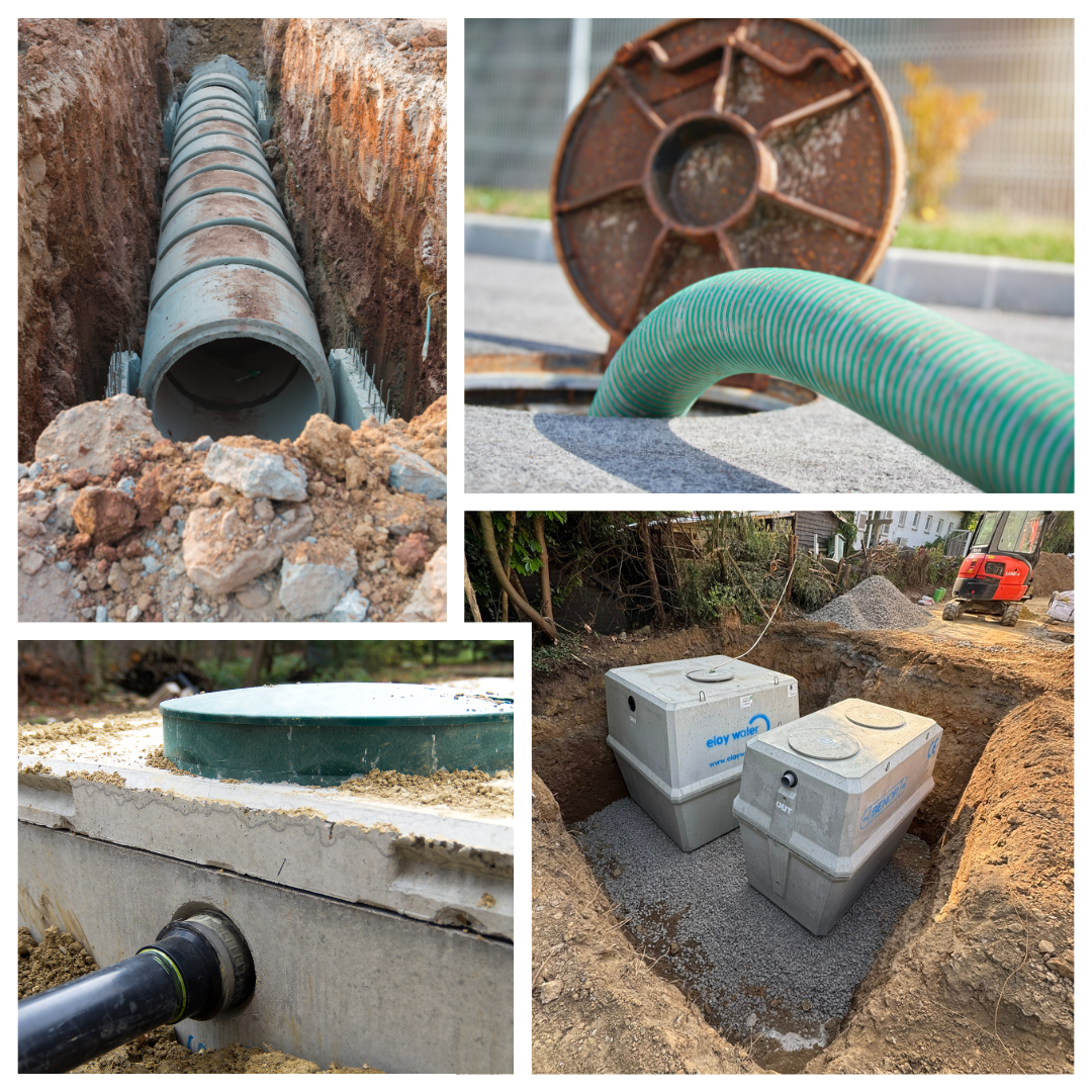 égouttage, extérieur, citerne, eau de pluie