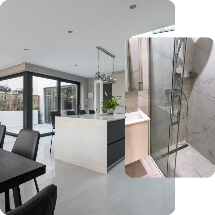 Salle de bain, cuisine, revêtements de sols, parquet, carrelage, finitions