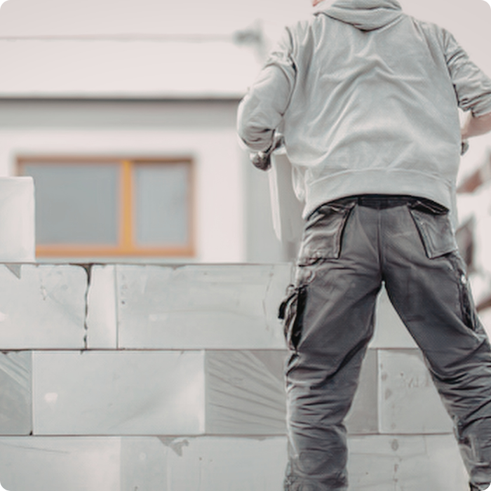 Maçon, maçonnerie, base, chauffage, électricité, ventilation, maison clé sur porte