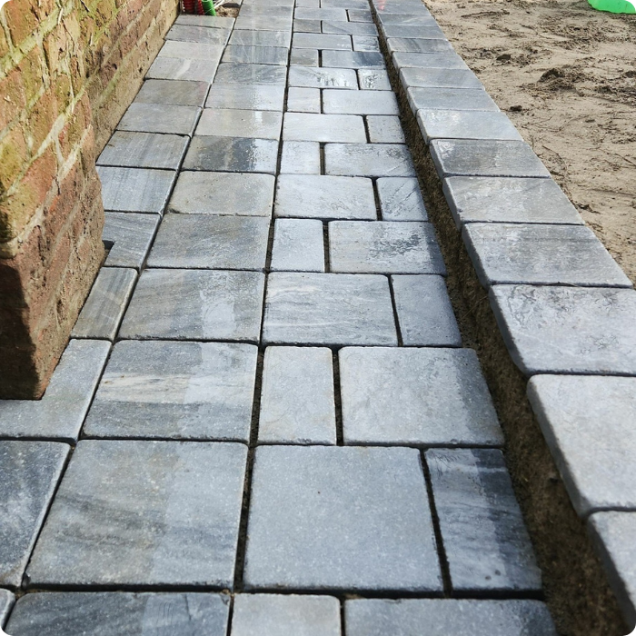 allée de jardin, terrasse, chemin, extérieur, escalies, pavages, pavés, décaissement, nivellement