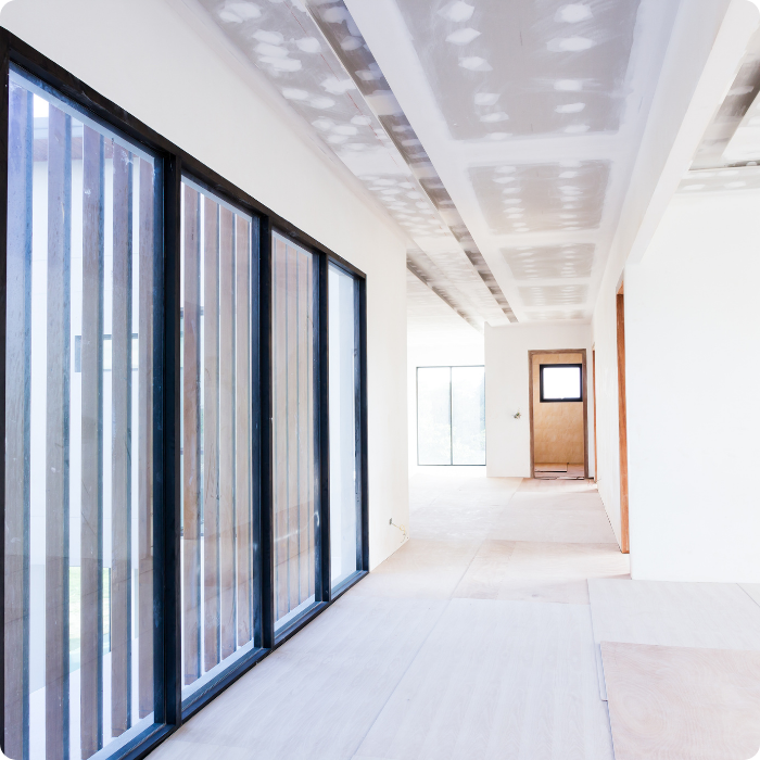 Parachèvement, finitions, plâtre, plâtrage, plaque de plâtre, murs, intérieur, plafonnage