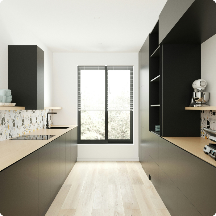 Cuisine, rangements sur mesure, nouvelle cuisine, placards, plans de travail, fonctionnelle, agencement