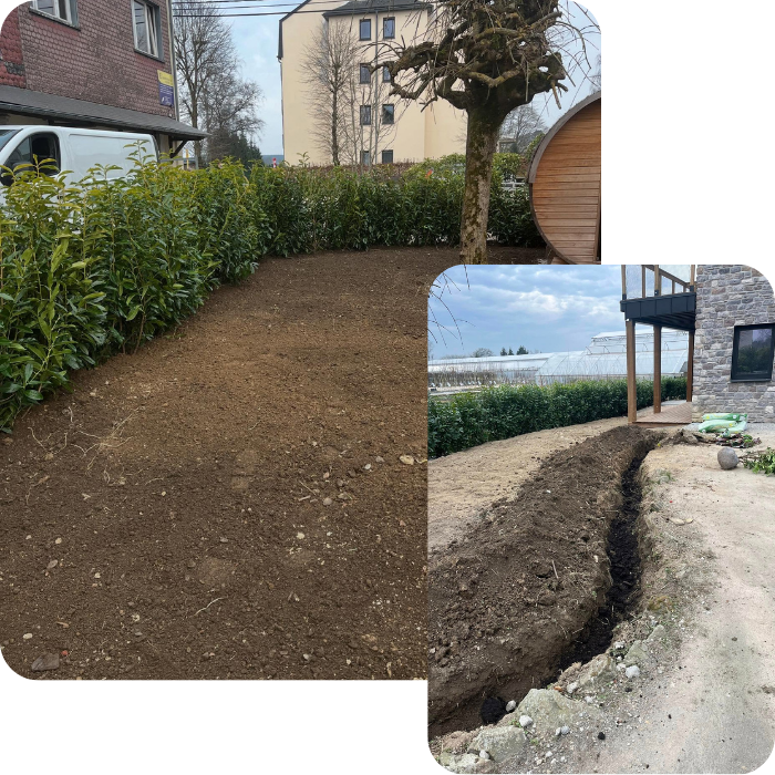 drainage, drains, tuyaux perforés, tranchées, terrain, dalles