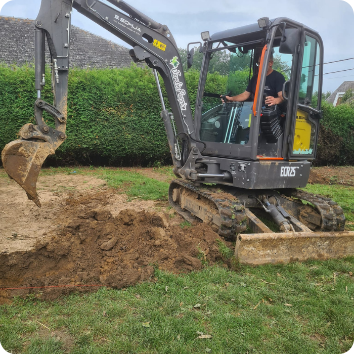 Pelleteuse, terrassement, terrain, création de terrain, aménagement de jardin, pavage, klinkers