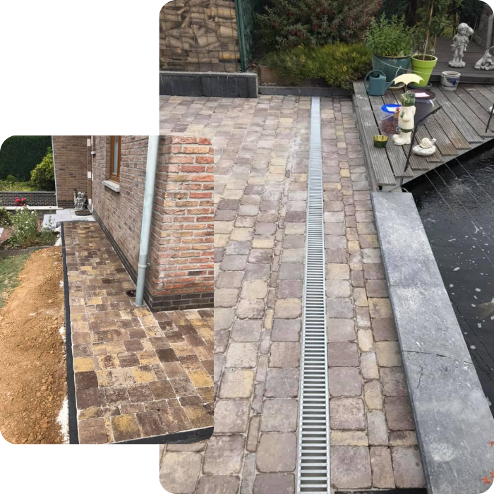 Pavage, pavé, terrasse, pierre naturelle, aménagement extérieur, travaux extérieurs, plantations, éclairage