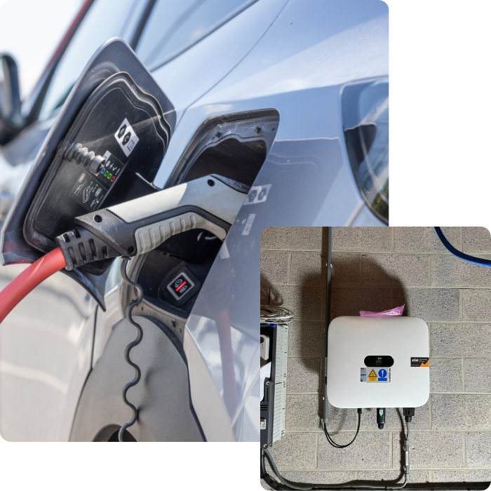 Borne de recharge, station, installation, murale, sur pied, onduleur, voiture, garage, puissance