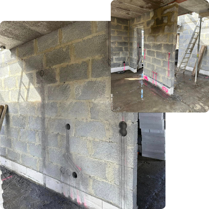 Nouvelle construction, tirage câble, trou, murs, passage câbles, raccordement, circuit électrique