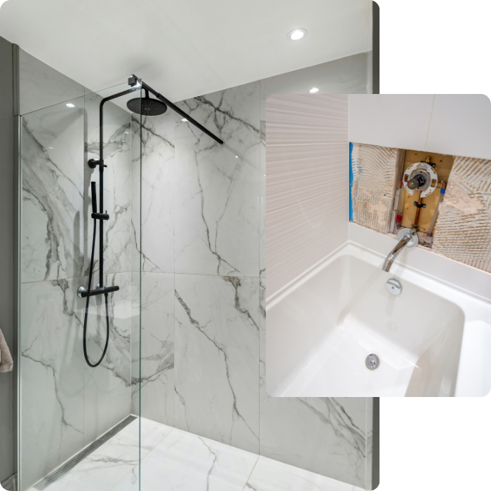 sanitaires, carrelage mural, plafonnage, cloisons, mobilier, étanchéité