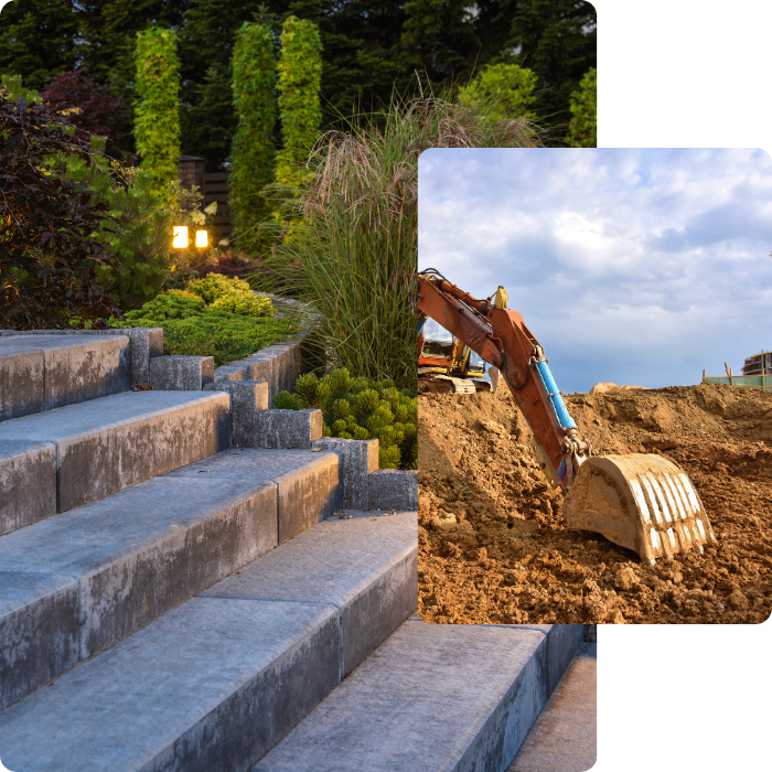 Aménagements extérieurs, jardin, escaliers, pavage, allée, bordures, terrassement, nivellement