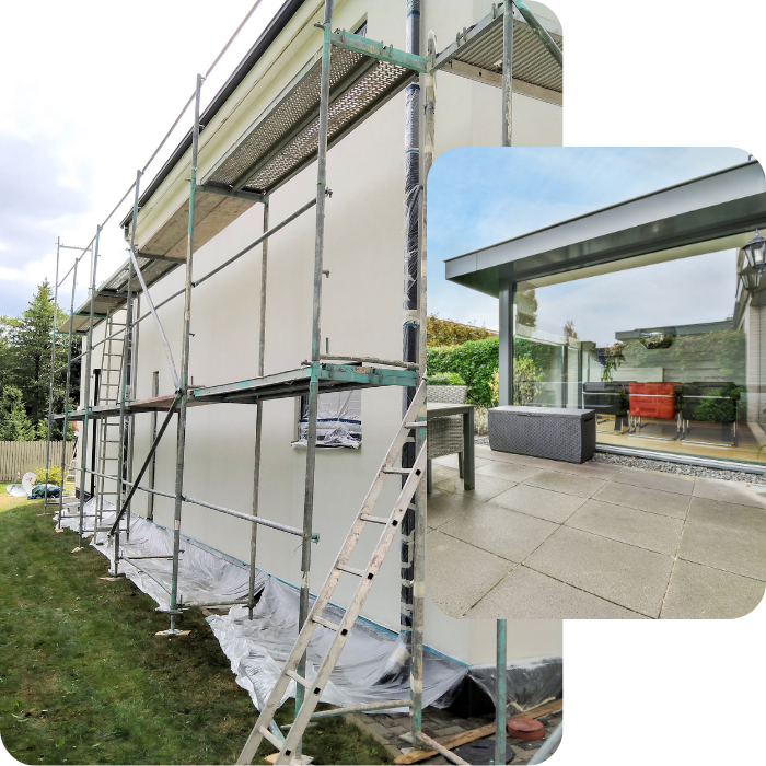 Véranda, extension, pavage, terrasse, dalle, béton, façade, rénovation, sablage